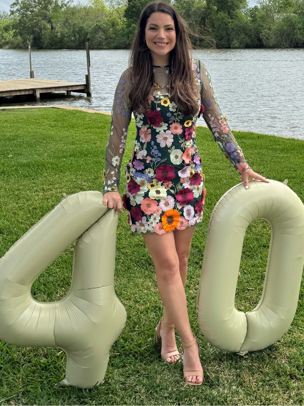 Floral Embroidered Sheer-Sleeve My luck mini dress forest green.